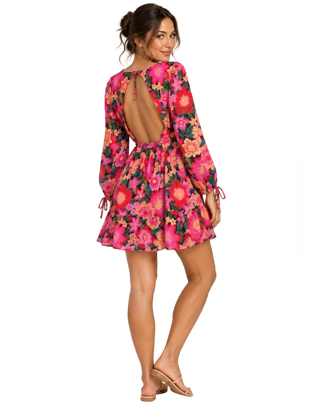 NWT Billabong Heaven Sent Pink Floral Open Back Ruffle long sleeve Mini Dress M